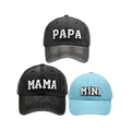 Family baseball cap set with PAPA MAMA MINI towel embroidery in grey and blue wash - Family Set (PAPA+MAMA+MINI) / Black/Black/Blue