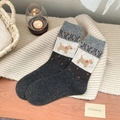 Fair Isle wool socks with brown puppy pattern in grey blend for warm autumn style - One Size (EU 35-40) / Dark Grey Base
