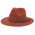 Chapeau Fedora en feutre de laine rouge rouille avec ceinture en cuir marron - Caramel (Bord Plat Corde Jaune)