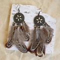 Detail of bohemian long feather earrings with bronze metal and textured wooden beads - Bronze and Brown Feather Style(E6287)