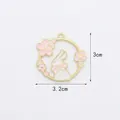 Pendentif en émail avec lapin blanc et fleur rose, bord doré et largeur de 3,2cm pour DIY - 3.2CM×3CM / Lapin Fleur Rose KC Or