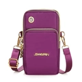 Deep purple nylon crossbody phone bag with three zipper compartments and floral charm - Purple