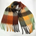 Thick warm checkered scarf with tassels in brown orange and green plaid pattern - 35# (Brown Orange Green Grey Warm Plaid)