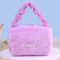 Large purple plush cosmetic bag with soft bubble ball handle for travel storage - Purple