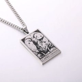 Silver stainless steel Capricorn zodiac square pendant necklace with tarot style engraving - Capricorn / Steel