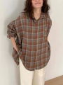 Loose-fit plaid long-sleeve button-up shirt in retro orange and grey check pattern - S / Orange Red
