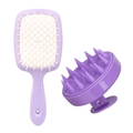Purple plastic hair care set featuring cushioned paddle brush and scalp massage brush - 2-Piece Set (Cushion Brush + Scalp Massager) / Purple White