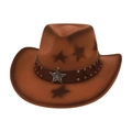Vintage brown western cowboy hat with star pattern and silver metal bull emblem decoration - One Size / Khaki (Silver Star)