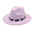 Detail of lavender wool fedora hat featuring black leather belt and embossed silver buckles - M (56-58cm) / Taro Purple