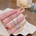 Silver square pendant necklace with large round zircon and micro-pave diamond border - Square Zirconia / Silver