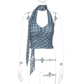 Detailed view of the blue-grey checkered halter top with central pleated gathering - S / Blue