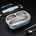 Light blue 3-compartment 304 stainless steel bento box with matching spoon and chopsticks - Blue 3-Compartment 1L (With Cutlery + Thermal Bag)