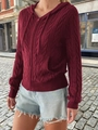Women's red cable knit hooded cardigan sweater with zipper and drawstring details - S / Burgundy