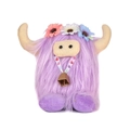 Schattige paarse Highland cow knuffel met bloemenkrans en een bronzen belletje - Paars