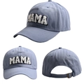 Detailed views of light blue MAMA baseball cap with white towel embroidery and metal buckle - New Mama Style / Sky Blue