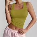 Women's green ribbed knit yoga tank top with square neck and slim fit design - S / Mustard Yellow