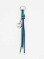 Detail of woven green and blue leather keychain with silver heart pendant and hook - Green and Blue