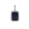 Hip hop style silver necklace with square deep blue gemstone pendant and white crystals - 60cm Chain / Blue