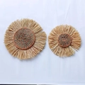 Bohemian grass woven wall decor set with fringe in orange and dark green tones - Contrast Tassel Style (26cm)