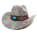 Classic western denim style straw hat with turquoise stone and brown embroidery band - M (56-58cm) / Striped Grey