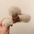 Beige plush faux fur hair claw clip with a brown crystal-embellished 3D bear decoration - Little Bear Beige