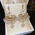 Vintage gold bow floral earrings with small white pearls and pink pearl pendants - 64# Gold White Zirconia Enamel Flower Pearl Tassel Studs