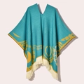 Teal knitted tassel poncho for women with vintage yellow patterns and fringe trim - 130x150cm / Pullover Poncho Origin Blue