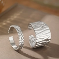 Set of two silver stainless steel open rings with irregular wavy and textured surface - Silver Irregular Textured Style (C7208)