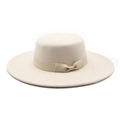 Close-up of beige wool boater hat featuring a flat top and elegant bow ribbon detail - M (56-58cm) / Beige