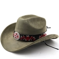 Classic olive green suede western cowboy hat with floral embroidery and vintage buckle - M(56-58cm) / Army Green