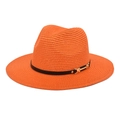 Detail of orange woven straw Fedora hat with black leather band and gold metal buckle - M (56-58cm) / Orange