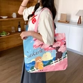Pink canvas tote bag with sakura girl illustration and large capacity shoulder straps - Sakura Girl