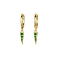 Detailed shot of golden geometric triangle drop earrings with green rhinestones - Green Zirconia