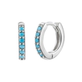 Close-up of S925 sterling silver hoop earrings set with small round turquoise stones - Small Hoop Silver
