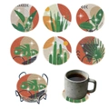 6-piece round DIY diamond painting coaster set with tropical plant patterns and metal holder - Tropical Green Plant Style