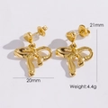 Gold stainless steel bow heart earrings with dimensions 20mm by 21mm on white background - Heart Bow Stud Earrings / Gold