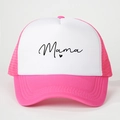 Close-up of Mama print and heart detail on pink and white mesh trucker baseball cap - One Size / Rose Red and White