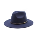 Macro shot of dark blue wool fedora featuring a braided leather band and metal emblem - M (56-58cm) / Navy Blue