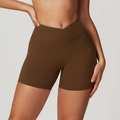 Dark brown high-waisted yoga shorts featuring a criss-cross V-shape slimming waistband - S / Light Coffee