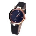 Minimalist women's quartz watch with rose gold case, diamond accent and black leather strap - Black