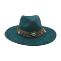 Cappello Fedora verde petrolio a tesa larga con fascia bohémien e pietra turchese - Taglia unica / Verde Scuro
