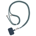 Detail of adjustable blue green braided phone lanyard with metal clasp and fabric tab - Dark Blue Patch + Green White Blue Striped Rope