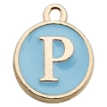 Round light blue enamel charm featuring a golden letter P and hanging ring detail - Letter P / 1 Piece (12x14mm) / Lake Blue