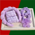 Light purple plush headband set with matching hair scrunchies and flower hair claw clip - Purple 6pcs Set (Headband, Hair Clip, Scrunchies, Wristbands)