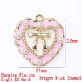 Pink heart pendant with white pearls and a gold bow, cute charm for bags or jewelry - 13821-KC Gold Plated-Glossy Pink Enamel Heart Bow