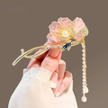 Elegant gold flower hair clip with pink gradient petals, pearls, and long tassels - National Style Pink Flower Pearl Tassel Clip