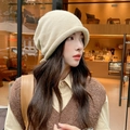 Beige knitted oversized ear protection beanie hat for women in winter style - One Size / Drawstring Adjustable Style / Beige