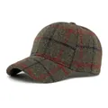 Brown plaid wool baseball cap with vintage red and blue checked pattern for autumn winter - Adjustable / Army Green