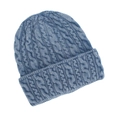 Detailed view of dark blue cable-knit pattern and ribbed cuff on the warm winter beanie - Aqua