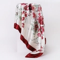 Close-up of elegant floral silk scarf featuring red roses on satin fabric with a red border - 90x90cm / Wine Red (D9029)